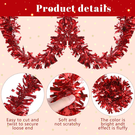 Sosation 100 ft Christmas Tinsel Garland Christmas Tree Twist Garland Bulk Glitter Metallic Streamer Indoor Outdoor Hanging Xmas Decorations(Red)