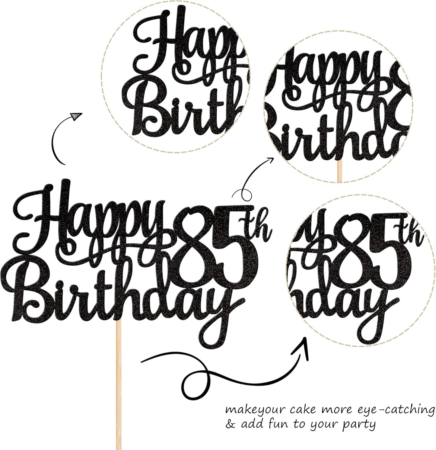 1 PCS Happy 85th Birthday Cake Topper Glitter Cheers to 85 Years Birthday Cake Pick 85 Fabulous Cake Decoration for Happy 85th Birthday Theme Party Decorations Supplies Black