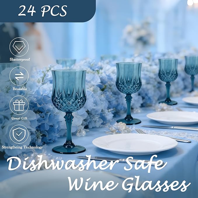 Plastic Wine Glasses, Plastic Goblets Vintage Style Cordial Unbreakable Drinking Glasses, Reusable Drinkware for Wedding Reception, Grand Event Party Supplies, Easter (24, Navy Blue)