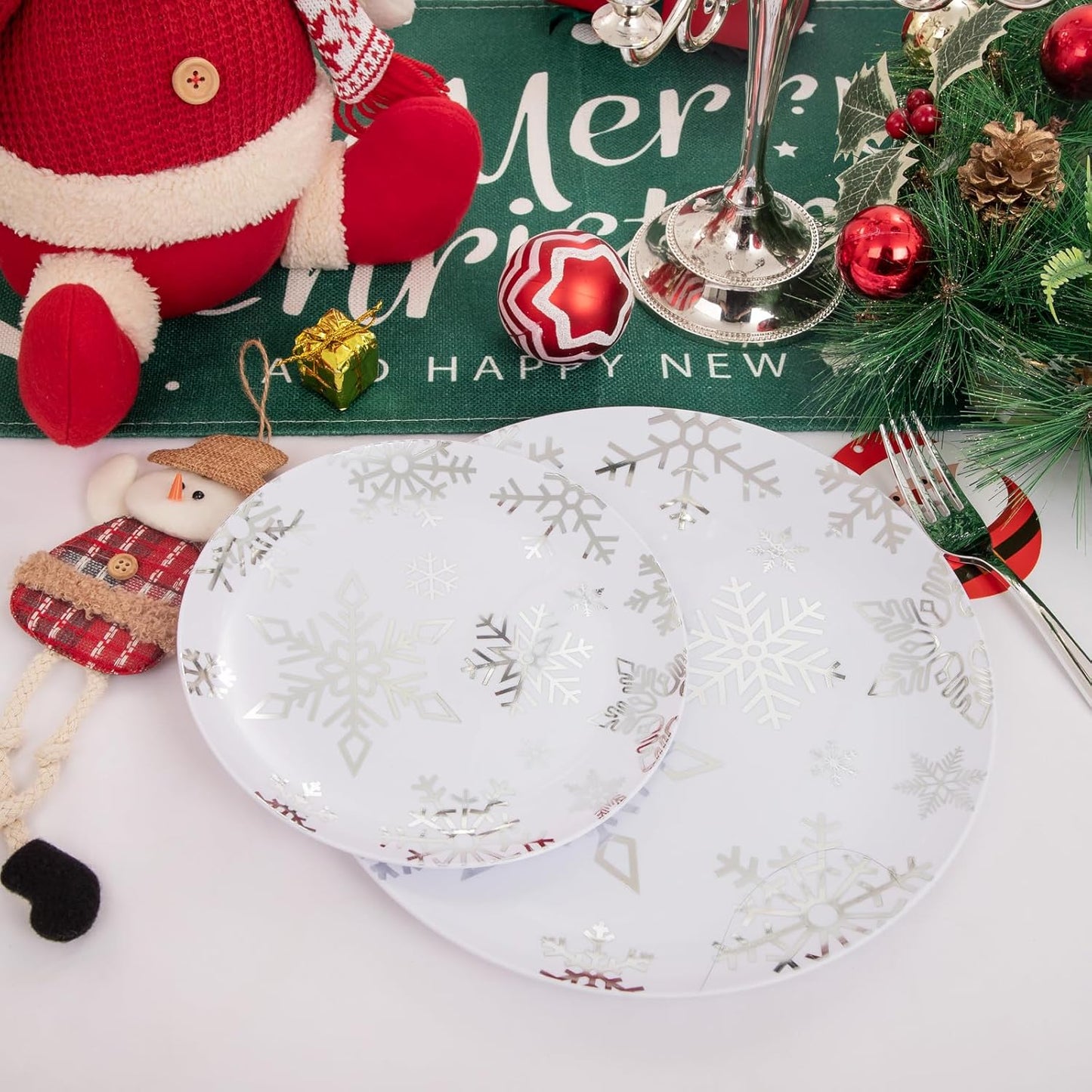 WDF 50 Pieces Plastic Christmas Plates - White and Silver Plates with Snowflake include 25 Dinner Plates, 25 Salad Plates - Disposable Silver Plastic Plates for Christmas Party, Winter