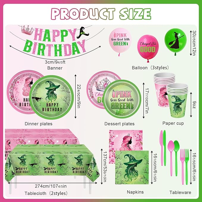Pink and Green Birthday Party Decorations 207pcs Disposable Paper Plates & Napkins Set for 24 Guests - Includes Happy Birthday Banner & Cartoon Tablecloth