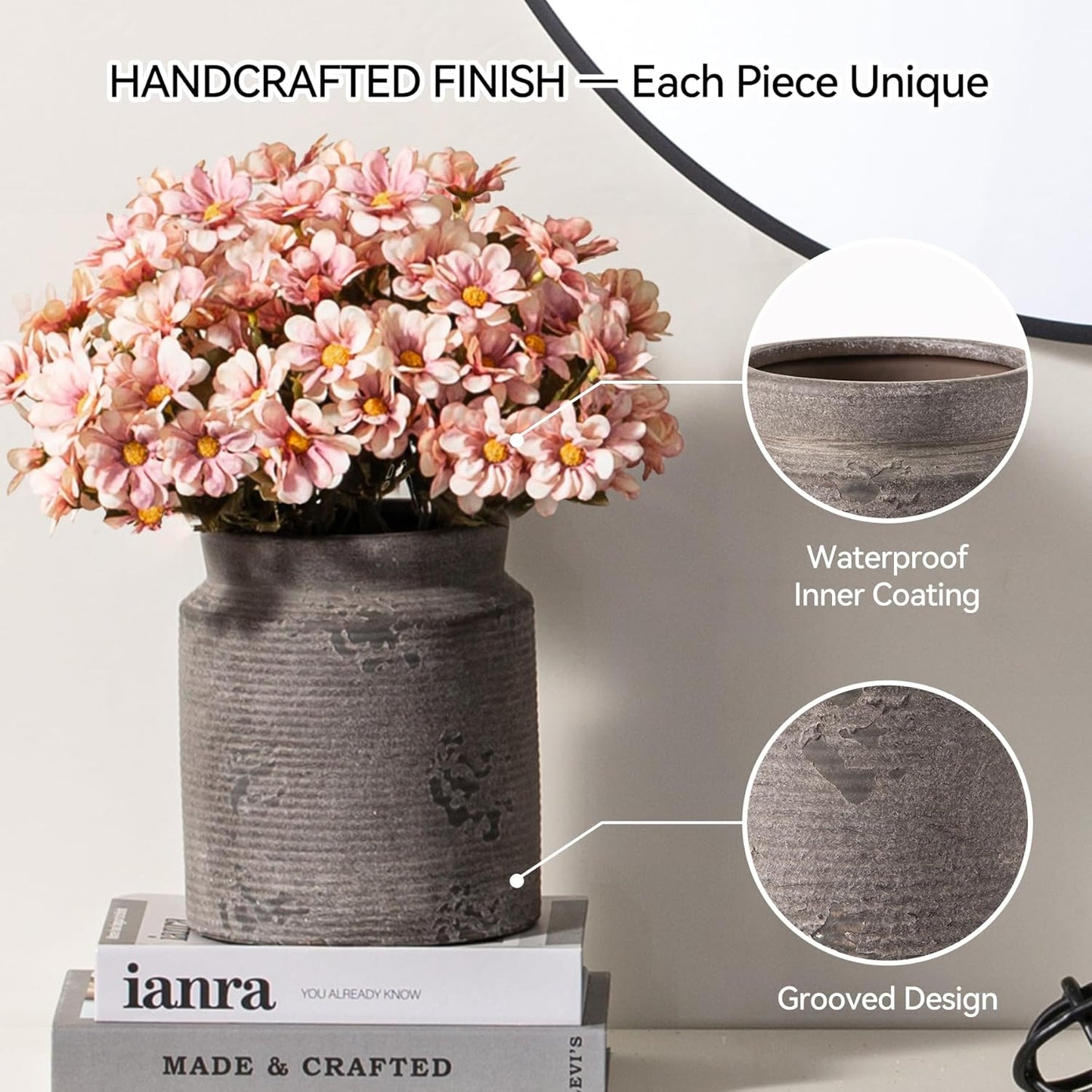 Ceramic Flower Vase 7.5 inch Farmhouse Rustic Vase for Home Decor Handcrafted Pottery Terracotta Vases for Dining Table Decor Fireplace Living Room Bathroom Wedding Centerpiece (01-Dark Brown)