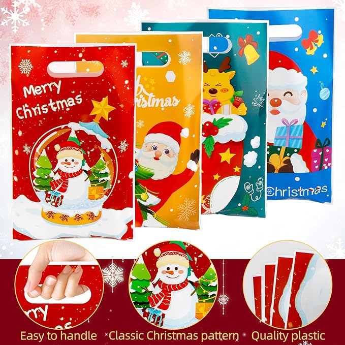 100 PCS Christmas Treat Bags with Handles, Christmas Goodie Bags, Xmas Gift Bag, Plastic Snowman Santa Claus Candy Goody Cookie Snack Bag Holiday Party Favor Bag for Xmas Winter Party Favor Supplies