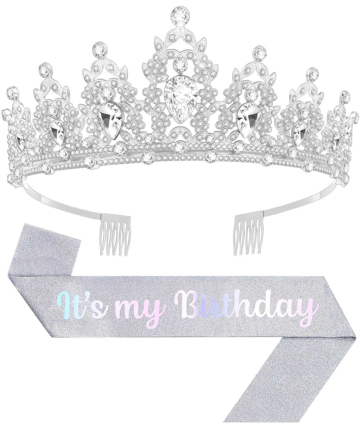 Birthday Tiara and Crown with Sash, Birthday Tiara for Women Party (Silver)