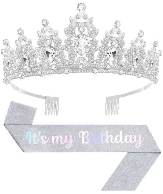 Birthday Tiara and Crown with Sash, Birthday Tiara for Women Party (Silver)