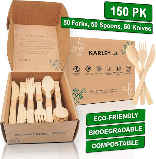 Karley Bamboo Utensils 150Pcs Set – Compostable Cutlery Set for Picnic, Parties – Heavy Duty Disposable Silverware Includes Wooden Spoons for Eating, Forks, Knives – Zero Plastic Disposable Cutlery