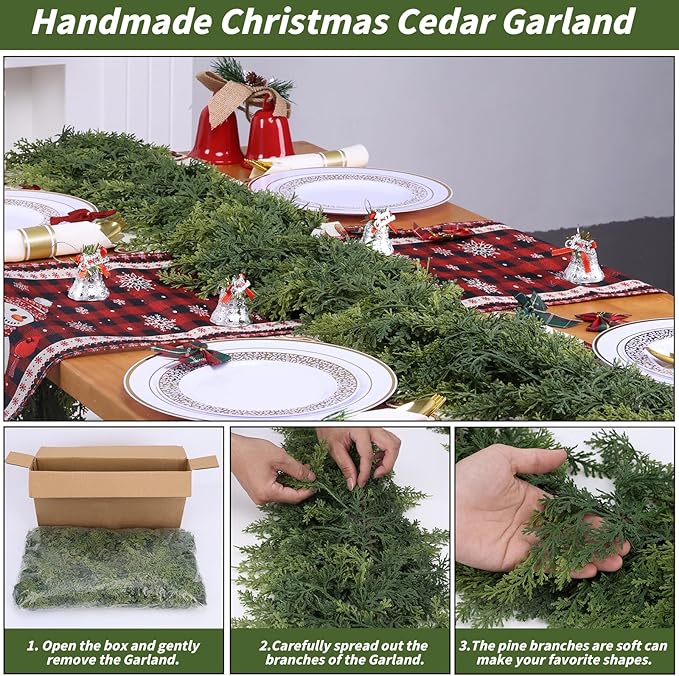 1 Pcs 6FT Christmas Cedar Garland Artificial Realistic Faux Green Cedar Pine Garland Real Touch Christmas Garland for Xmas Home Decoration Indoor Stairs Railing Fireplace Outdoor