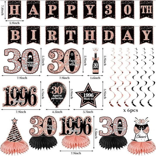 Zirtorei 30th Birthday Decorations for Women, 21pcs the Year 1996 Banner Balloon Party Supplies, Rose Gold 30 Year Old Birthday Backdrop, 30 Bday Honeycomb Centerpiece Hanging Swirls Sash Gifts
