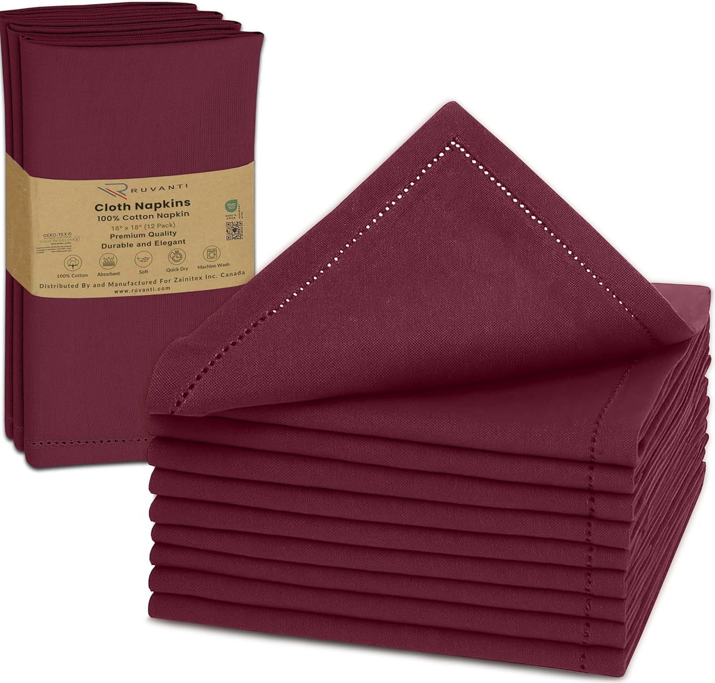 Ruvanti Cloth Napkins - 100% Cotton Dinner Napkins, Hem Stitched Corners, 18x18 Inch, 12 Pack - Soft, Absorbent, Durable, Reusable, Wrinkle Resistant for Formal Dining & Everyday Use - Burgundy