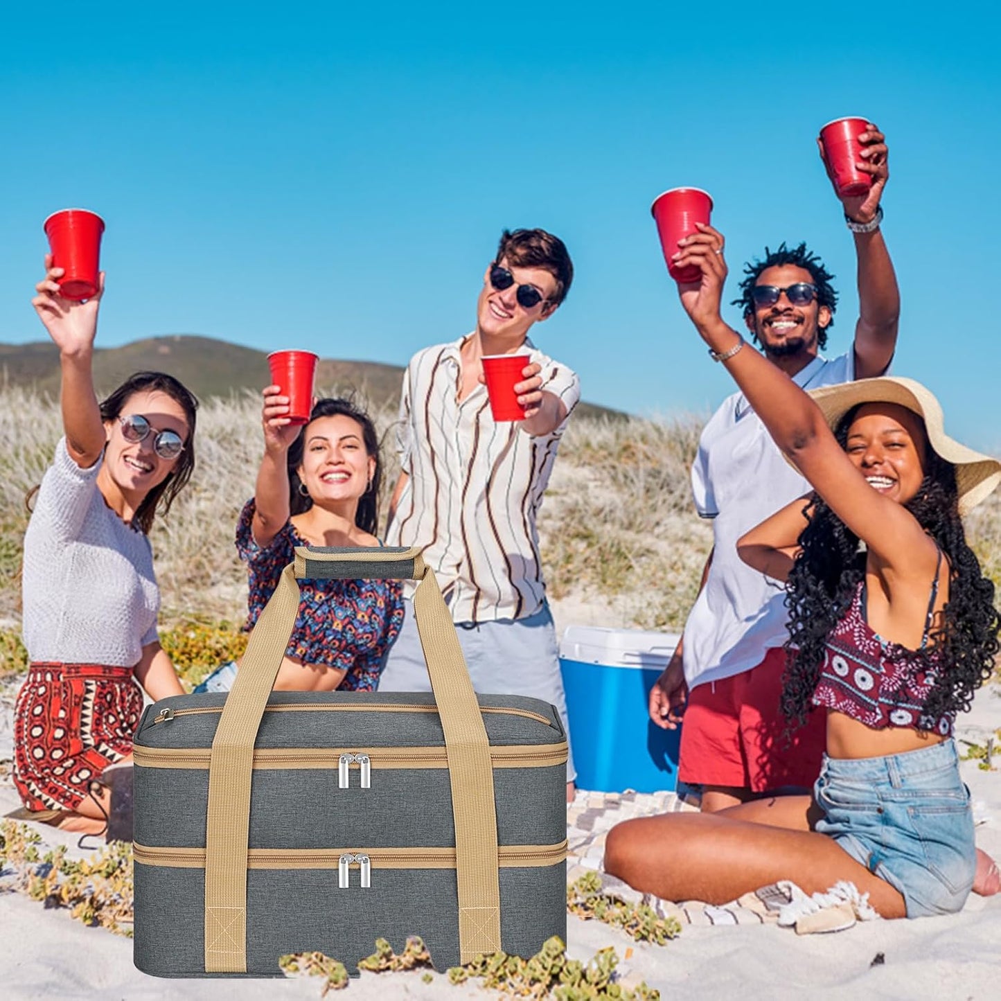 Double Insulated Casserole Carrier with Zipper Pockets, Casserole Carriers for Hot or Cold Food, Thermal Lunch Tote for Parties, Picnics, Beach, Traveling, Fits 11 x 15 or 9 x 13 Baking Dish