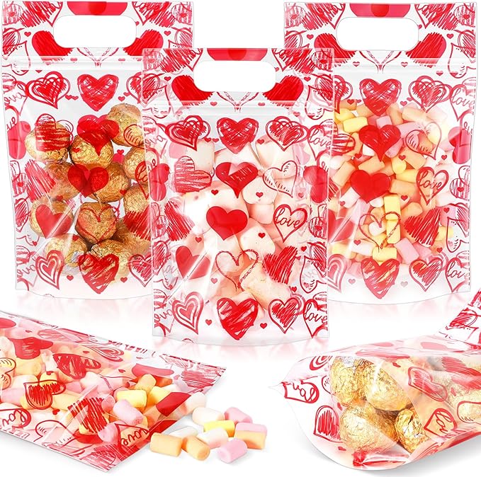 Blosssound 25 Pcs Valentine's Day Gift Bags Resealable Red Love Plastic Bags Happy Valentines Day Favor Pouch with Handle for Wedding Party Candy Gift Wrapping Supplies Decor(Red Valentines)