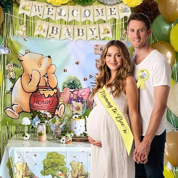 Winnie Baby Shower Decorations – the Pooh Balloons, Backdrop, Welcome Baby Banner, Tablecloth, Cake Toppers, Pompoms, Sash & More – Classic Pooh Baby Shower Theme Party Decor