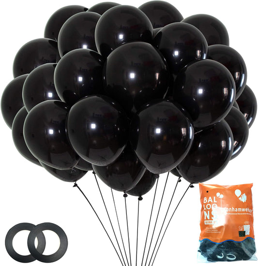 Jonhamwelbor Black Balloons 12 inch 100 Pack Black Latex Metallic Chrome Balloons for Birthday Halloween Graduation Baby Shower Party Decorations (with Ribbon)