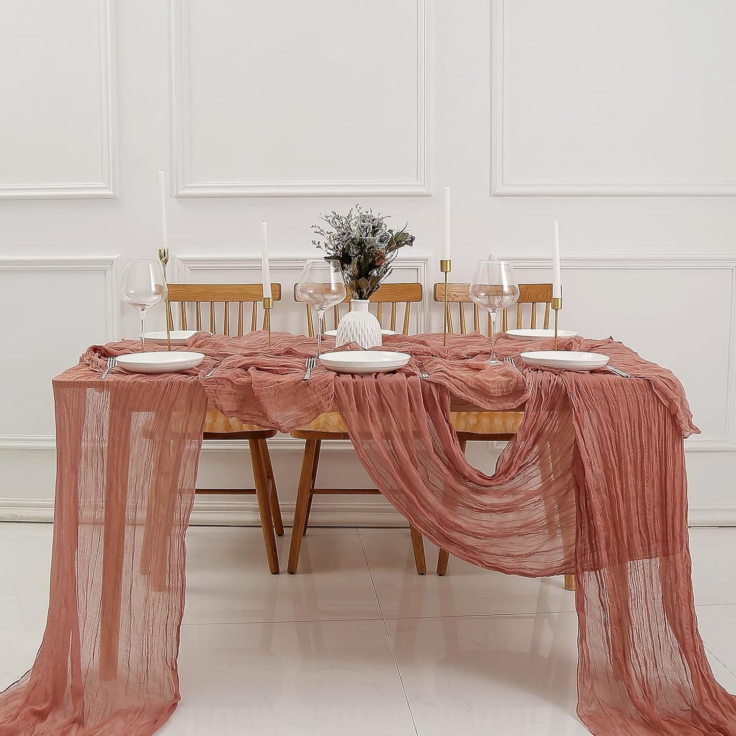 DOLOPL Boho Table Runner Dusty Blush Cheesecloth Table Runner 13.3ft Rustic Gauze Cheese Cloth Runner 160inch Long for Bridal Baby Shower Birthday Party Table Decorations