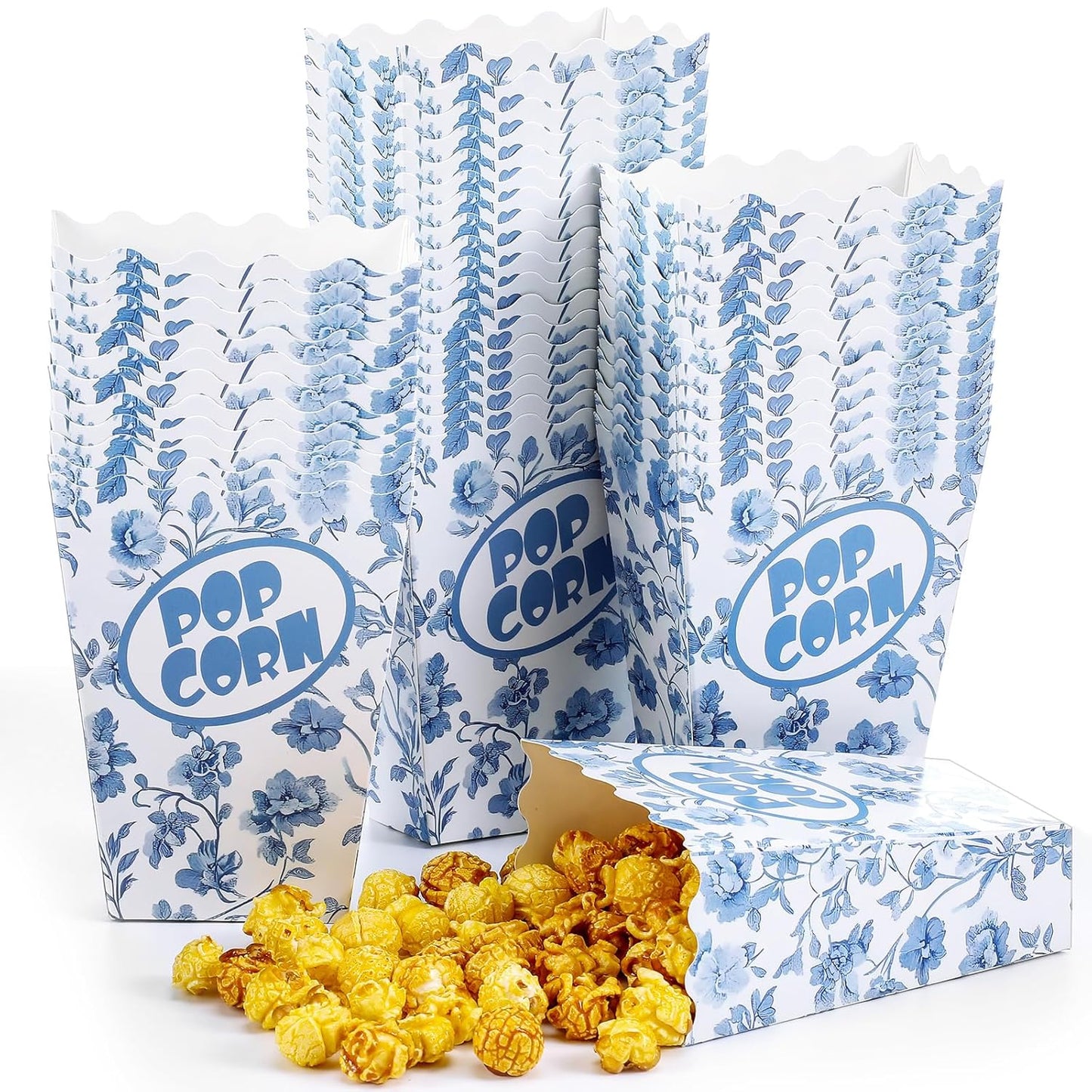 Marspark 50 Pack Blue Floral Party Popcorn Boxes - Chinoiserie Flowers Vintage Paper Popcorn Boxes Individual Servings for Christmas, Birthday, Movie Night, Carnivals