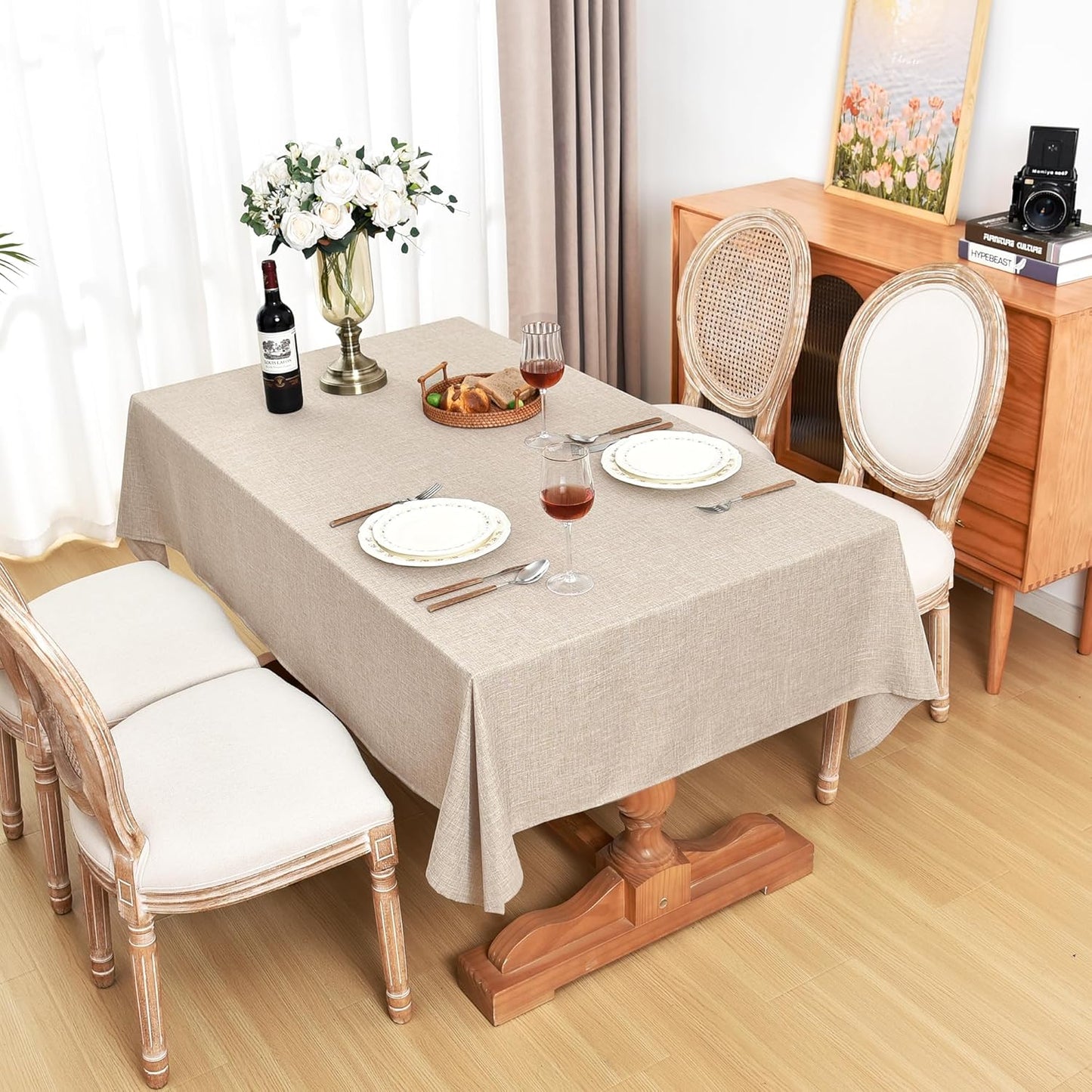 Fitable Linen Textured Beige Tablecloths 2 Pack, Faux Burlap Rectangle Table Clothes for 6 Foot Tables, Rustic Wrinkle-Proof Table Covers for Wedding, Party, Farmhouse, Banquet (54 x 108 Inch)