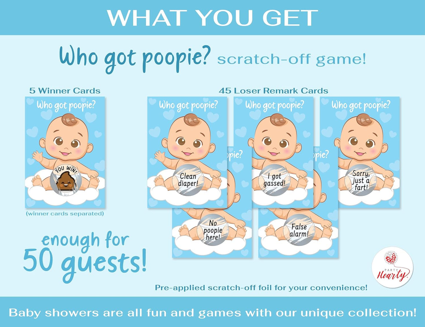 Party Hearty Delightful Baby Shower Fun - 50 Hilarious Poopie Scratch-Offs - Ideal for All Genders