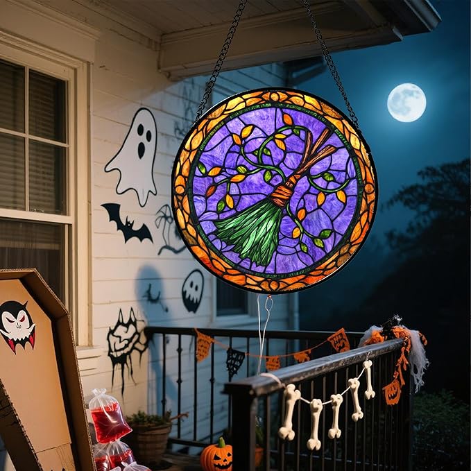 Stained Glass Window Hanging - Halloween Decorations Witch Magic Broom Suncatcher for Doors Garden Spooky Funny Purple Sun Catchers Gothic Decor Horror Gifts for Women Men Friend 7.8 in