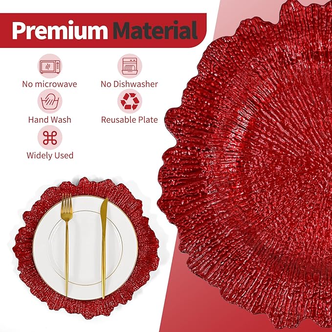 Teruntrue 50 Pcs Red Charger Plates Bulk 13 Inch Plastic Charger Plates for Dinner Plate, Red Chargers for Table Setting, Reef Design Plate Floral Decorative Round Chargers for Wedding Party, Event