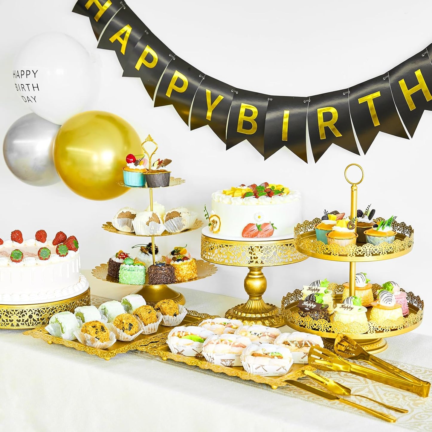 11 Pcs Gold Cake Stand Set for Wedding, Dessert Table Display Set for Birthday, Metal Square Serving Trays for Candy, Cupcake Pop Stand Holder Tower with Round Base for Celebration, The Platters for Party
