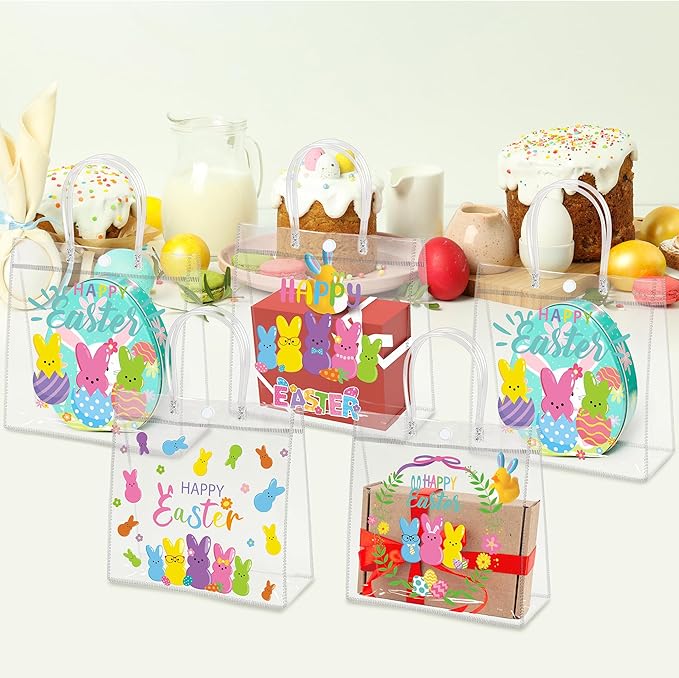 H1vojoxo Happy Easter Gift Bags - 24PCS Colorful Bunny Eggs Clear PVC Tote Bags with Handle Printed with Rabbits Eggs Clear Reusable PVC Gift Wrap Bags for Holiday Party Favor Easter Hunt Bag for Kids