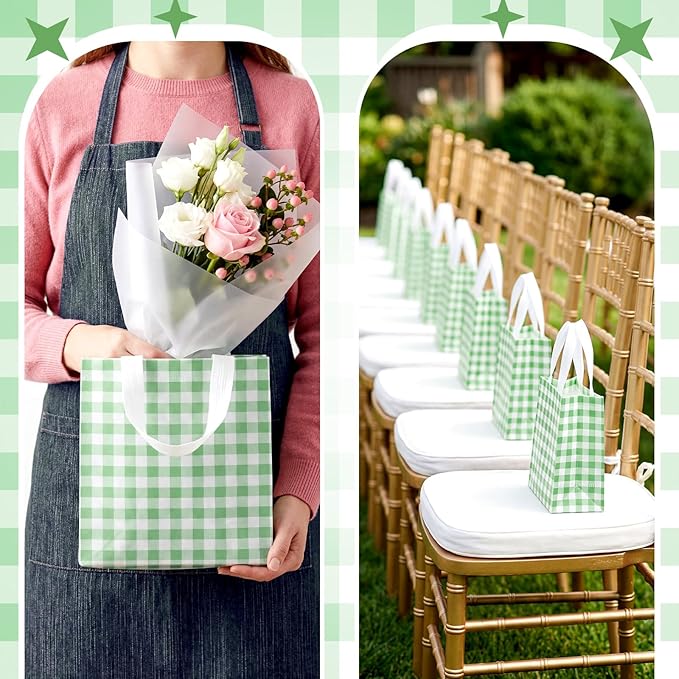 Sweetude 16 Pcs Green White Checkered Gift Bags with Handles Gingham Green and White Party Favors Non-woven Reusable Tote for Women Wedding Birthday Baby Shower Mother's Day Party Decorations
