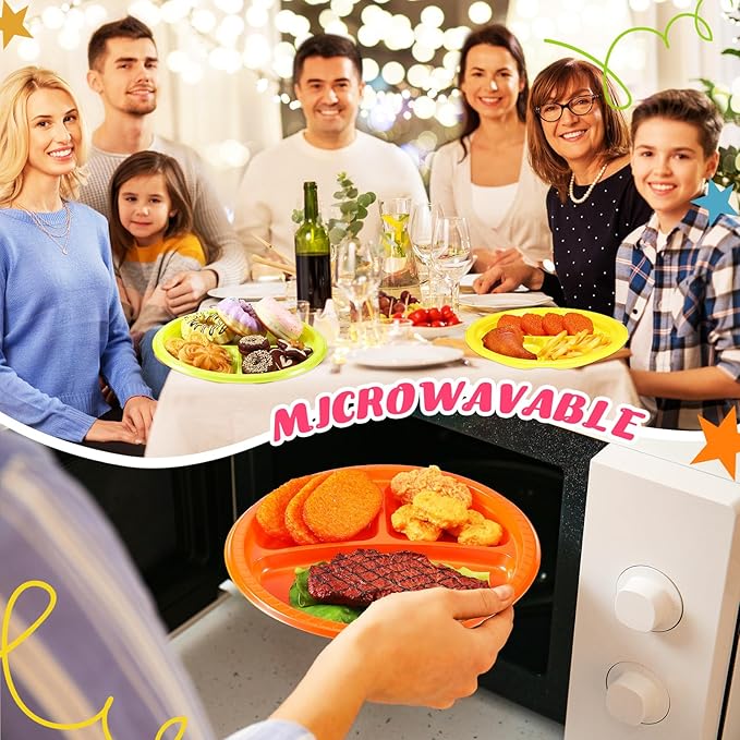 50 Pcs 10 Inch Plastic 3 Compartment Divided Plates Heavy Disposable Round Dinner Plates with Dividers for Wedding Birthday Party Dinnerware (Neon Color)