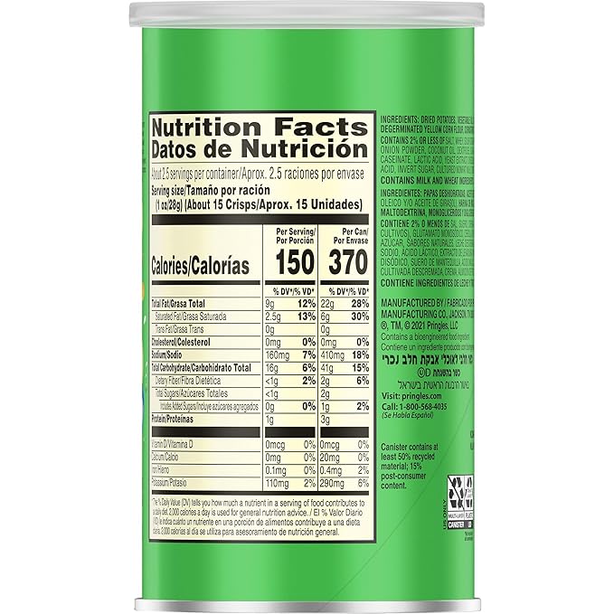Pringles Potato Crisps Chips, Sour Cream & Onion, 2.5oz (12 Count)
