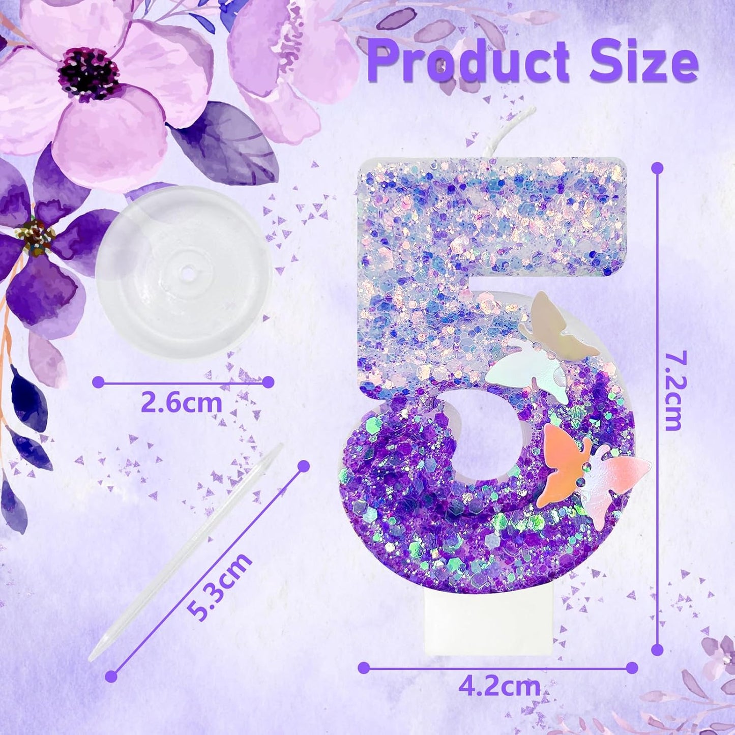 5Th Birthday Candle for Cake，Butterfly Cake Toppers，Butterfly Birthday Decorations，Purple Birthday Candles，for Birthdays,Theme Parties, Celebration, Anniversary