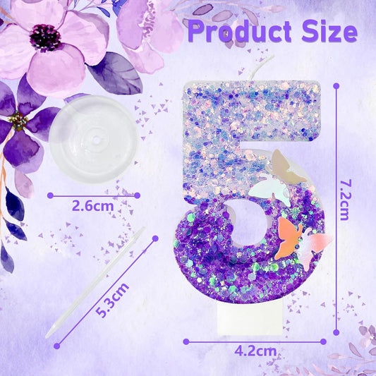 5Th Birthday Candle for Cake，Butterfly Cake Toppers，Butterfly Birthday Decorations，Purple Birthday Candles，for Birthdays,Theme Parties, Celebration, Anniversary