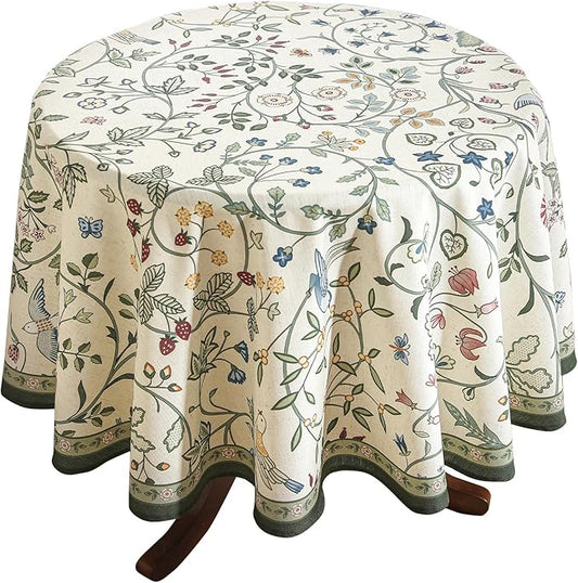 Linen 67 Inch Round Tablecloth,Wrinkle Resistant French White and Green Tablecloth Print with Froal,Decor Stitch Table Cloth for Thanksgiving,Dining Room,Home Diameter 67"-Idaho A