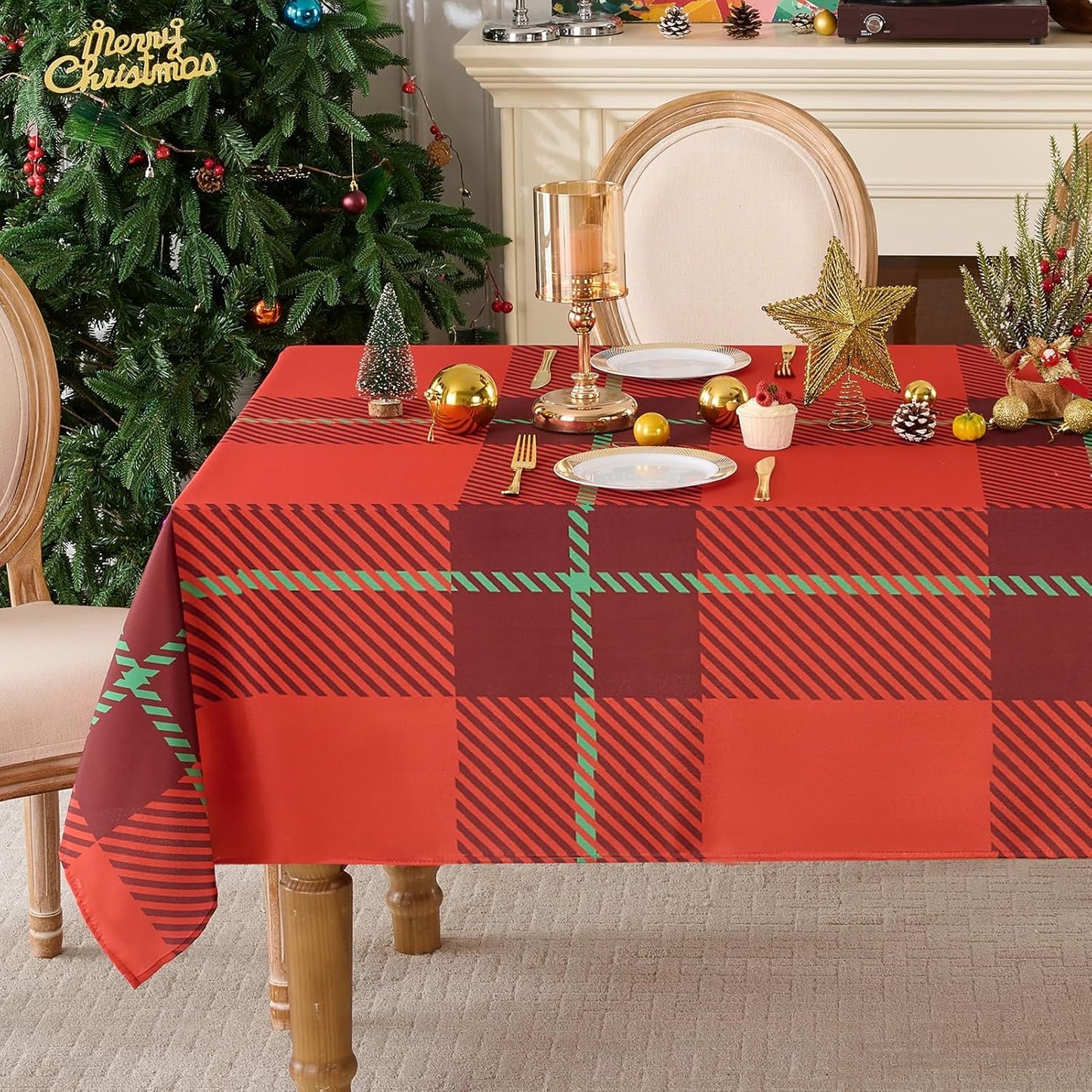 Christmas Tablecloth Rectangular 60x102 Inch Waterproof, Machine Washable Checkered Polyester Table Cover for Xmas Party, Winter Holiday Home Decoration in Festive Checkered Red 1pack