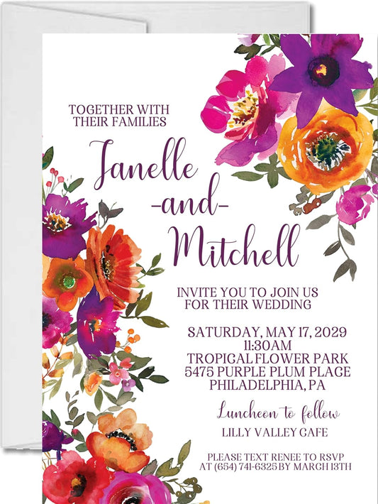 Colorful Wildflower Wedding Invitations, Garden Watercolor Floral, Personalized, Set of 12 Invitations with Envelopes