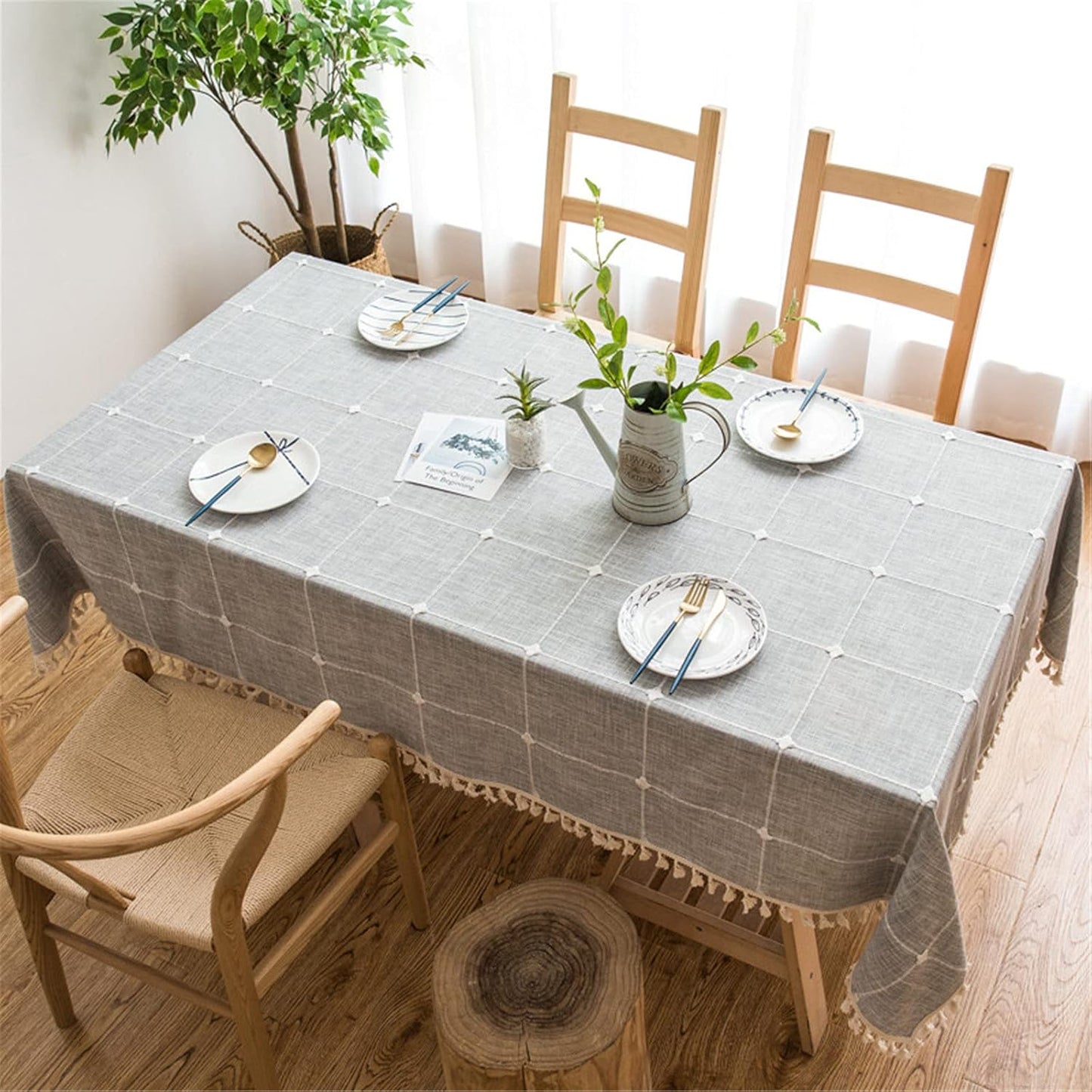 Cotton Linen Tablecloth, Tassel Stitching Table Cloth, Wrinkle Free Farmhouse Table Cover for Kitchen Dining, Party, Holiday (Rectangle, 55''x102'', 8-10 Seats, Plaid Grey)