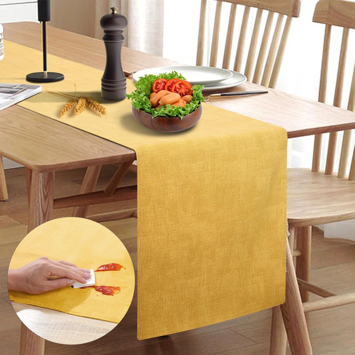 Waterproof Wipeable Farmhouse Table Runner for Kitchen, Dining Room, Bedroom, Living Room, Indoor and Outdoor (108'', Mustard Yellow)