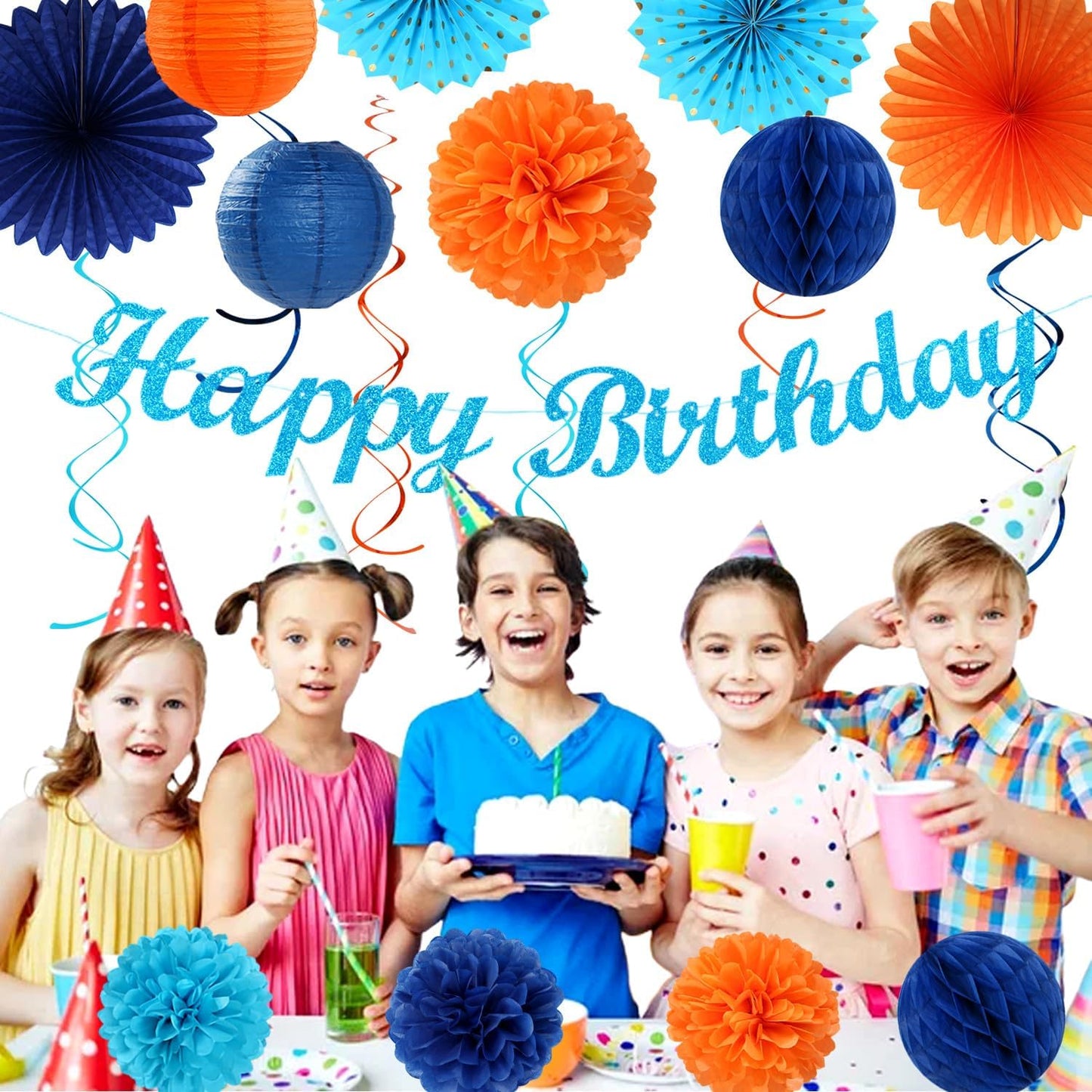 Orange Blue Men Birthday Decorations - 21pcs Happy Banner Garland,Bluey Paper Streamers Lanterns,Flower Tissue Pom Poms Fan Supplies,Hanging Wall Backdrop Party Decor Huglony