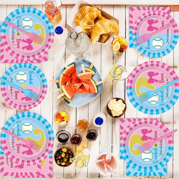 OBUSATT 96Pcs Baseball or Bows Gender Reveal Party Supplies Baseball Gender Reveal Paper Plates Napkins Boy or Girl Baseballs or Bows Decorations Blue or Pink Baseballs Party Tableware Serves 24