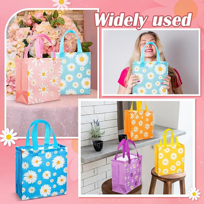 HunnmingRe 30 Pcs Daisy Flower Gifts Bags with Handles Daisy Party Favors Bag Bulk Summer Non Woven Reusable Goodies Treat Handbags for Birthday Wedding Baby Shower Party Supplies, 6 Style