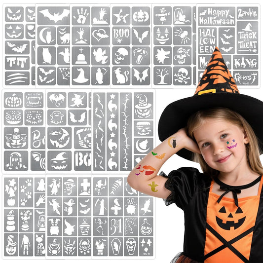 135 PCS Temporary Tattoo Stencils for Kids and Adults Halloween Party Supplies, 12 Sheets Halloween Ghost Witch Bat Glitter Tattoo Stencil for Boys Girls, Face and Body Paint Stencils Kit, Reusable