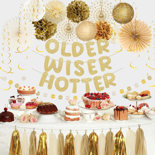 Roetyce Birthday Party Decorations, Gold Glitter Older Wiser Hotter Banner Photo Background for Women Men, Funny Happy Birthday Backdrop Decor, 30th 40th 50th 60th 70th 80th Party Supplies