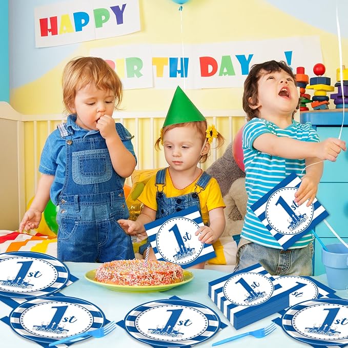 96Pcs Baby First Birthday Party Supplies Boy 1st Birthday Paper Plates Napkins Nautical Blue One Party Decorations Baby Show One Year Old Dinnerware Favor Tableware Serves 24