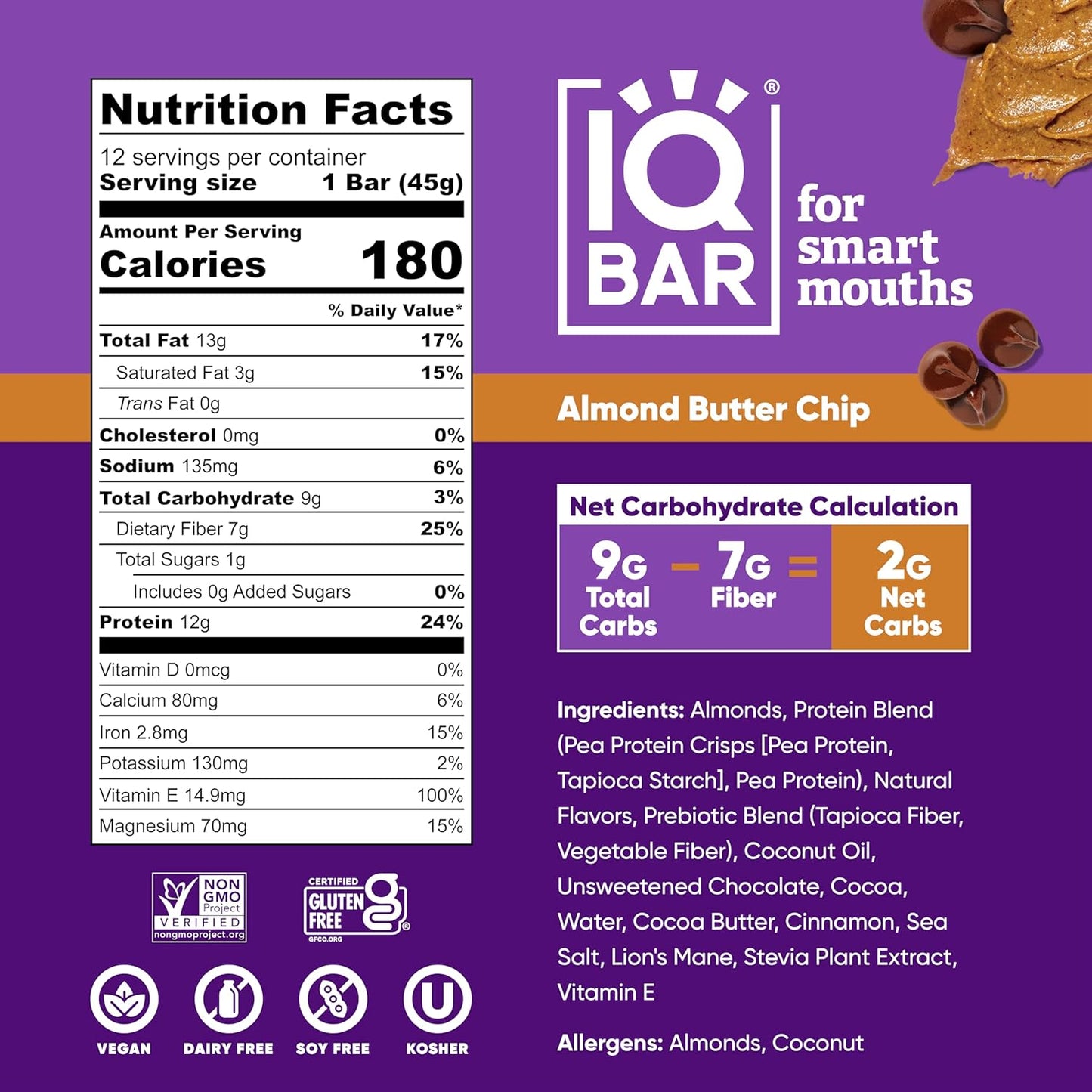 IQBAR Brain and Body Plant Protein Bars - Almond Butter Chip - 24-Count - Keto, Vegan, Low Carb, High Fiber, Gluten Free, Dairy Free, Low Sugar Snack with Nutrients for Focus, Energy, Meal Replacement