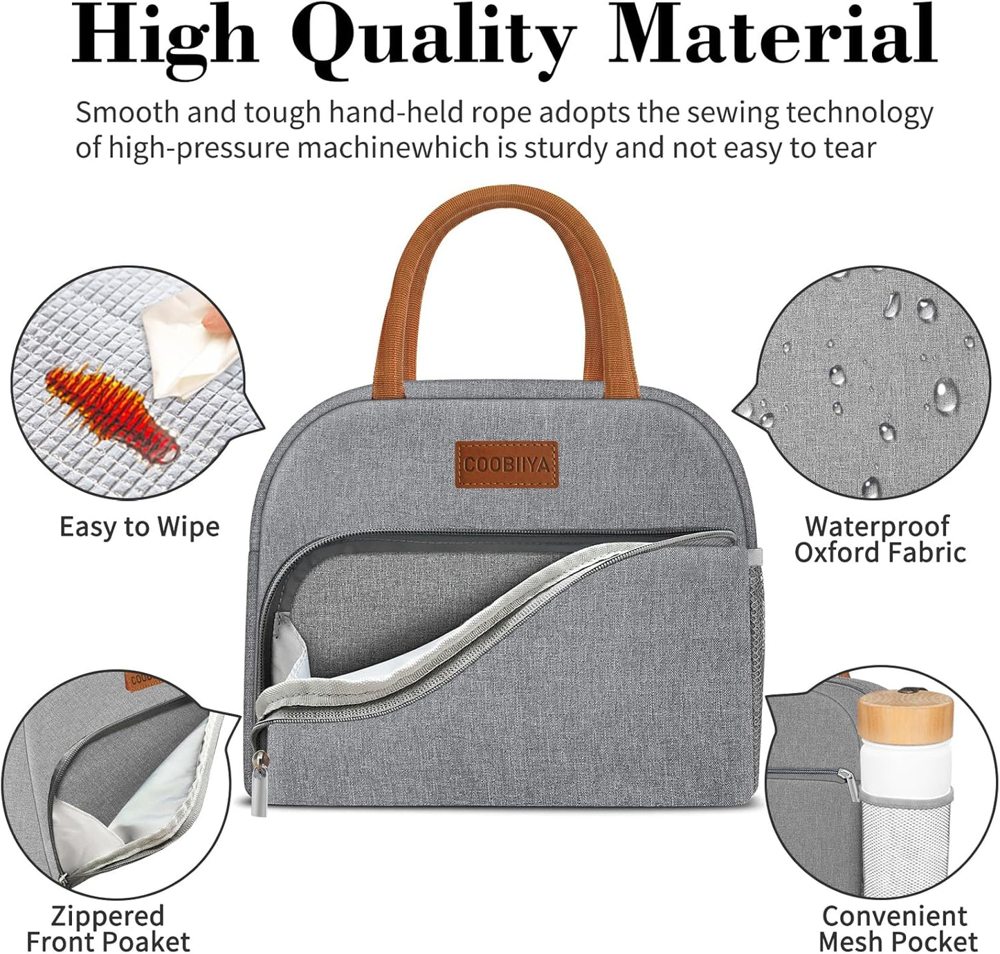 Coobiiya Lunch Bag Lunch Box for Women Men, Small Leakproof Cute Lunch Tote Large Capacity Reusable Insulated Cooler Lunch Container for Work/Office/Picnic/Beach-Grey