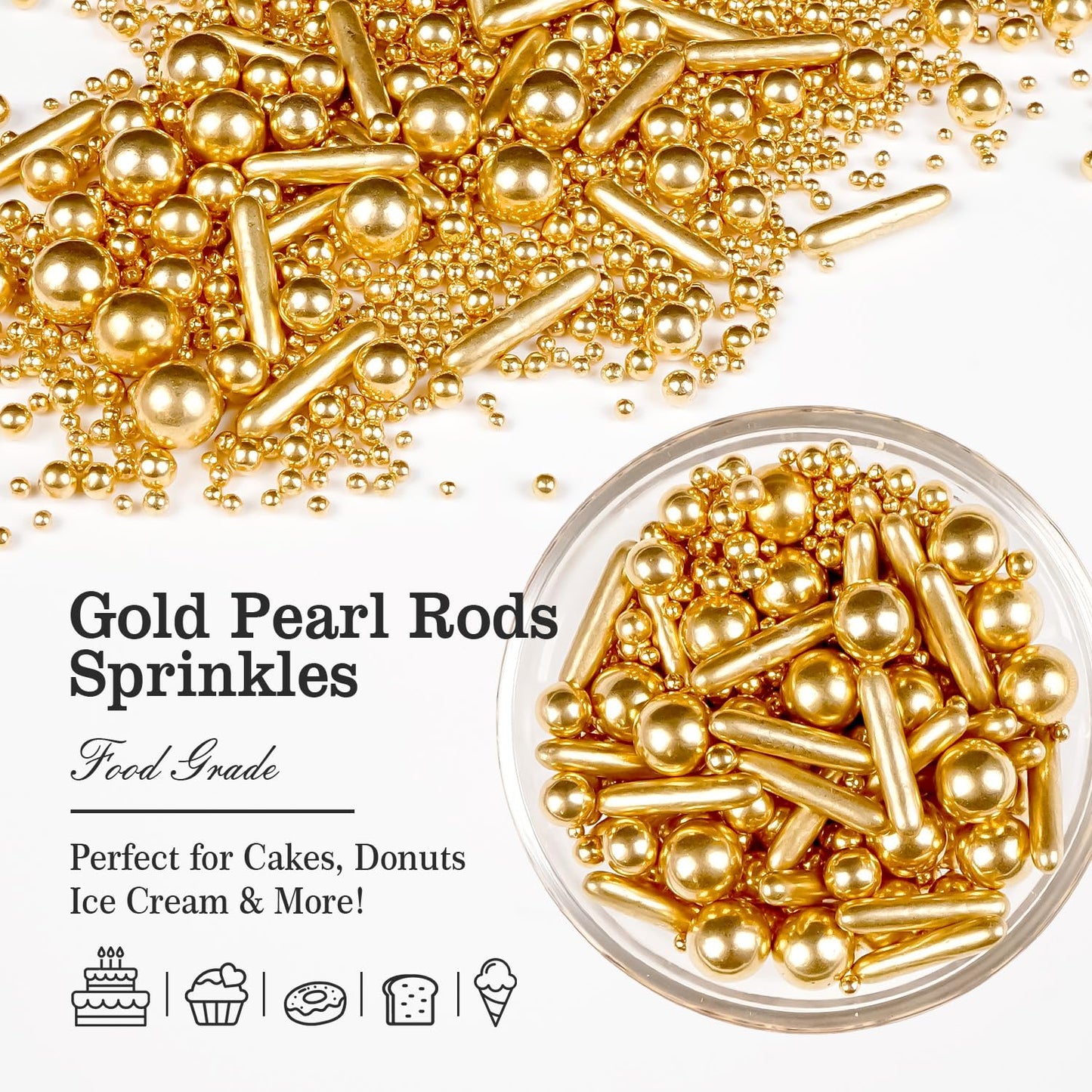 Gold Pearl Rods Sprinkles for Christmas Decorating, Edible Sugar Pearls Rods Candy, 150g/5.29oz, Mix Size Cake Topper Donuts Cupcake Cookie Dessert Decorations, Holiday, Wedding Party, Easter Supplies
