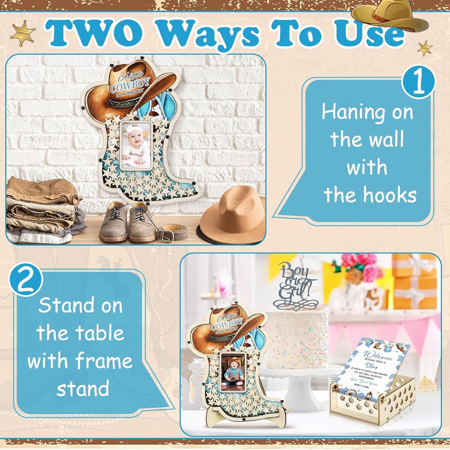 Wenqik 63 Pcs Cowboy Boot Baby Shower Guest Book Alternatives Set Baby Shower Decorations with Photo Frame Sonogram Frame Keepsake 60 Wood Slices Guest Book for Birthday