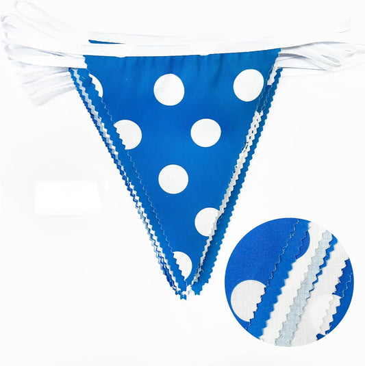 32Ft Deep Blue Party Decorations Blue White Fabric Polka Dot Triangle Banner Flag Pennant Bunting Garland Streamers for Picnic Racing Car BBQ Birthday Baby Shower Outdoor Garden Oktoberfest Decor