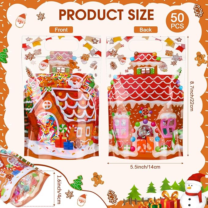 Blosssound 50 Pcs Christmas Party Gift Bags Gingerbread House Favor Bags Xmas Holiday Plastic Bags with Handle for Christmas Holiday Party Candy Guests Gift Wrapping Supplies Decor (Gingerbread House)