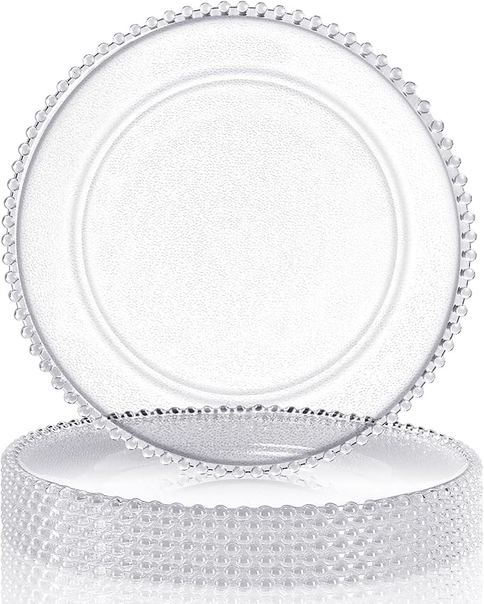 Hoolerry 6 Pack Clear Charger Plates Bulk 13 Inch Plastic Round Beaded Dinner Chargers Acrylic Frosted Grain Decorative Service Plates for Wedding Party Event, Home and Kitchen Tabletop (Clear)