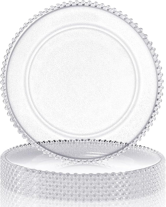 Hoolerry 6 Pack Clear Charger Plates Bulk 13 Inch Plastic Round Beaded Dinner Chargers Acrylic Frosted Grain Decorative Service Plates for Wedding Party Event, Home and Kitchen Tabletop (Clear)
