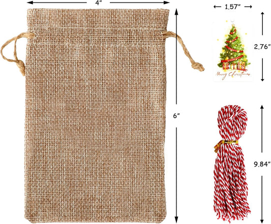 Tapleap Burlap Bags with Drawstring, 4x6 Inches Burlap Sack with Christmas Tags and String (Lot of 50) for Wrapping Christmas Gifts, Party Favors or for Christmas Decorations